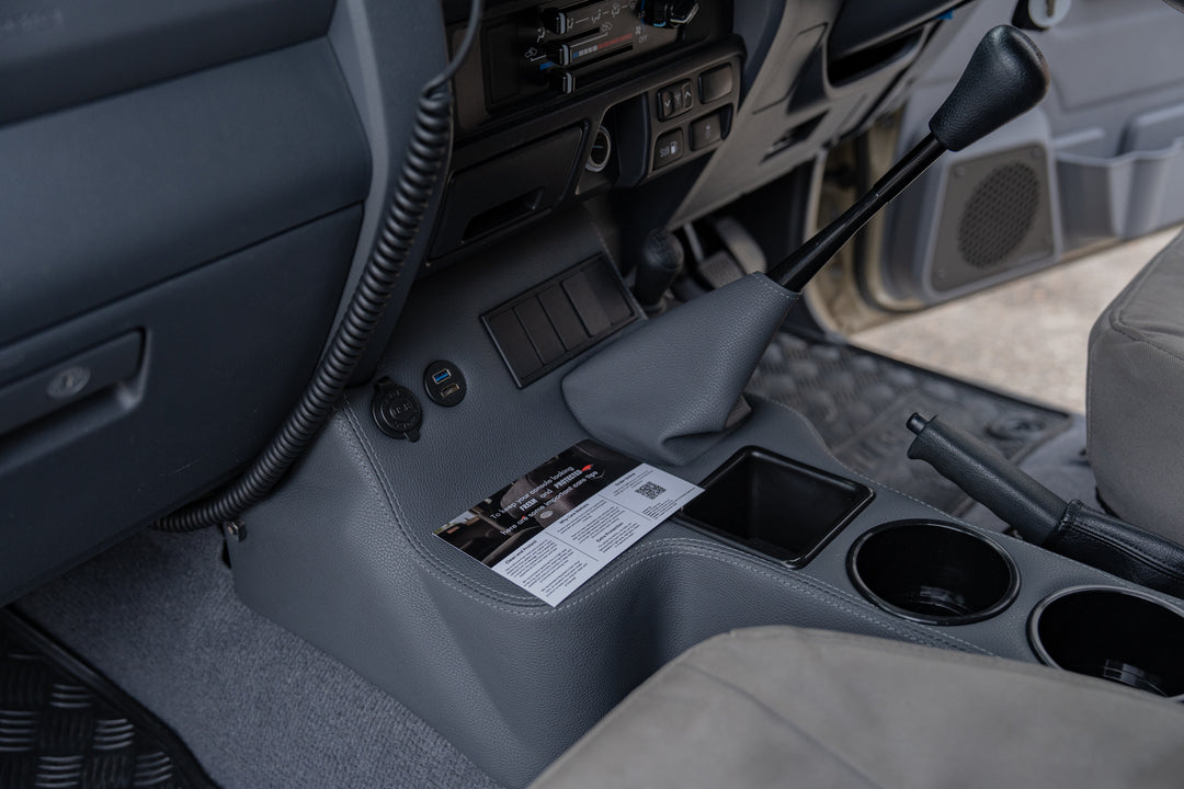 Premium Full Length Floor Console with Charging Sockets & (5) Rocker Switch Panel | TroopCarrier