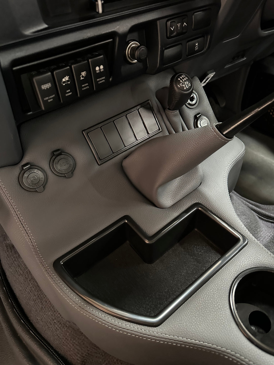 Premium Full Length Console with Charging Sockets & (5) Rocker Switch Panel