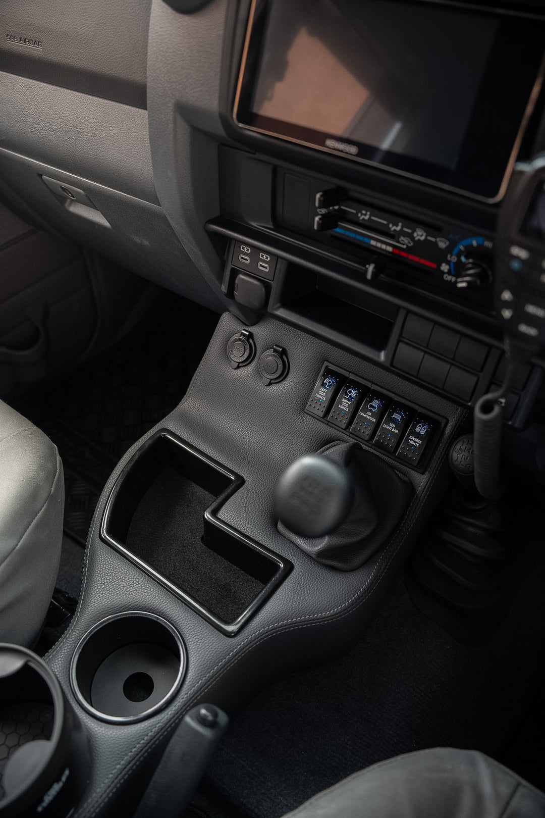 Original Full Length Floor Console with Charging Sockets and (5) Rocker Switch Panel | TroopCarrier