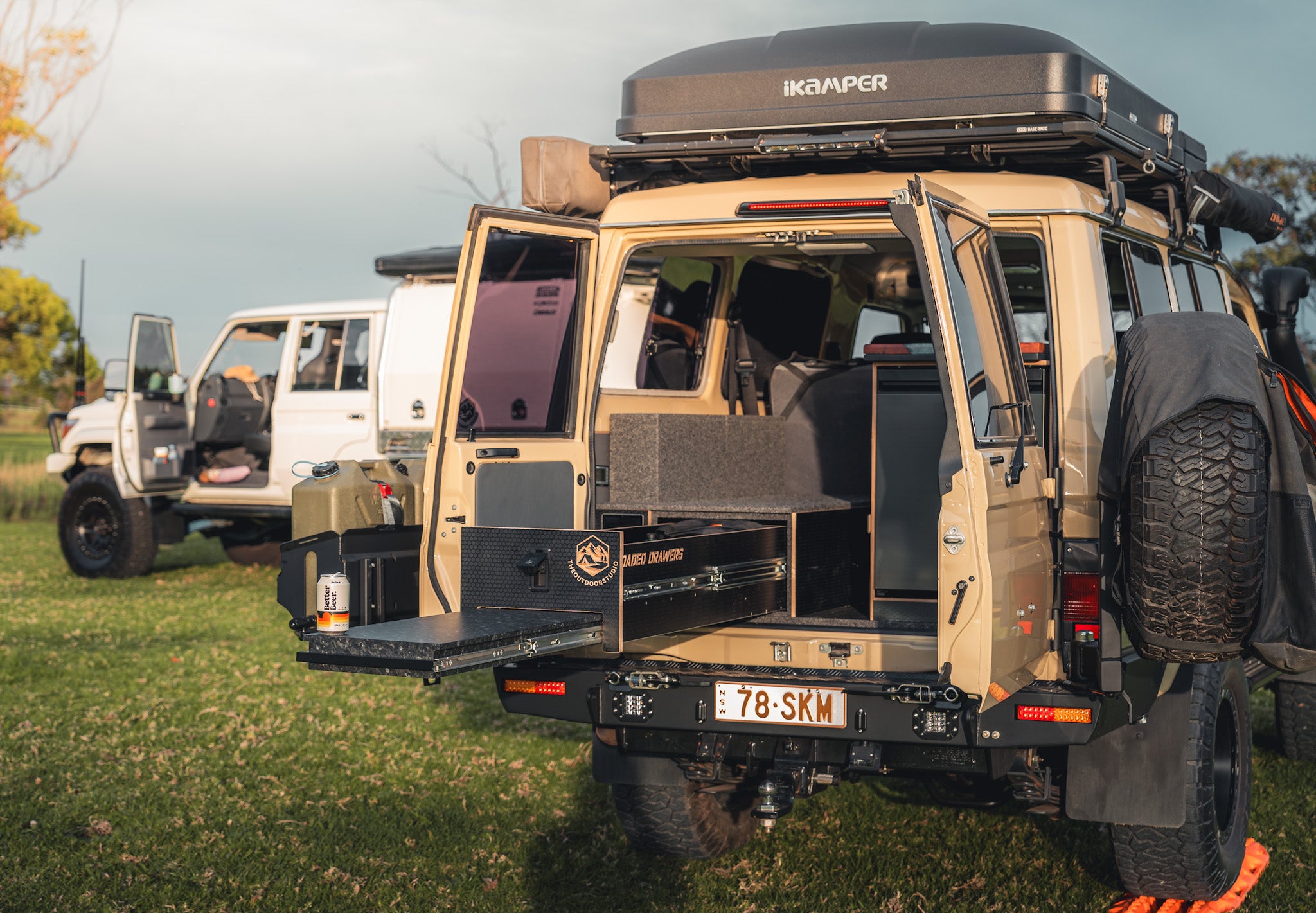 Beige off-road vehicle with open doors and roof rack in a grassy field.