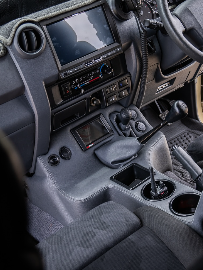 Premium Full Length Floor Console with Charging Sockets & Scan Gauge III | TroopCarrier