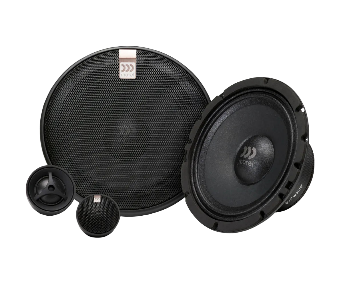 A set of Morel Maximo Ultra 602 HE MKII 2-Way Component Speakers, consisting of a large woofer, a mid-range driver, and a high-frequency tweeter, all in black color.